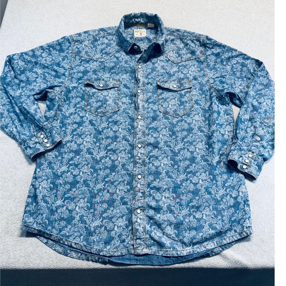 RedHead Pearl Snap Shirt Womens L Blue Paisley Floral Western Denim Top Boho